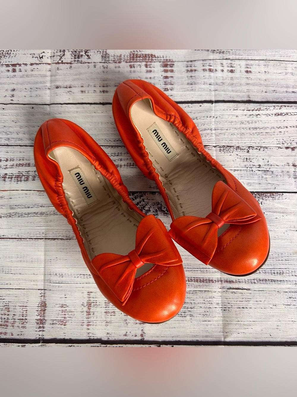 Miu Miu Orange Leather Bow Scrunch Ballet Flats Women’s Size 7